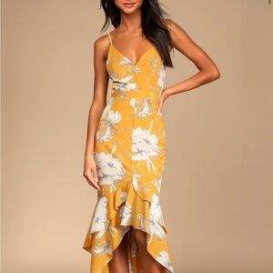 Lulus Darling Daylily Mustard Yellow Floral Print High-Low Maxi Dress | Small